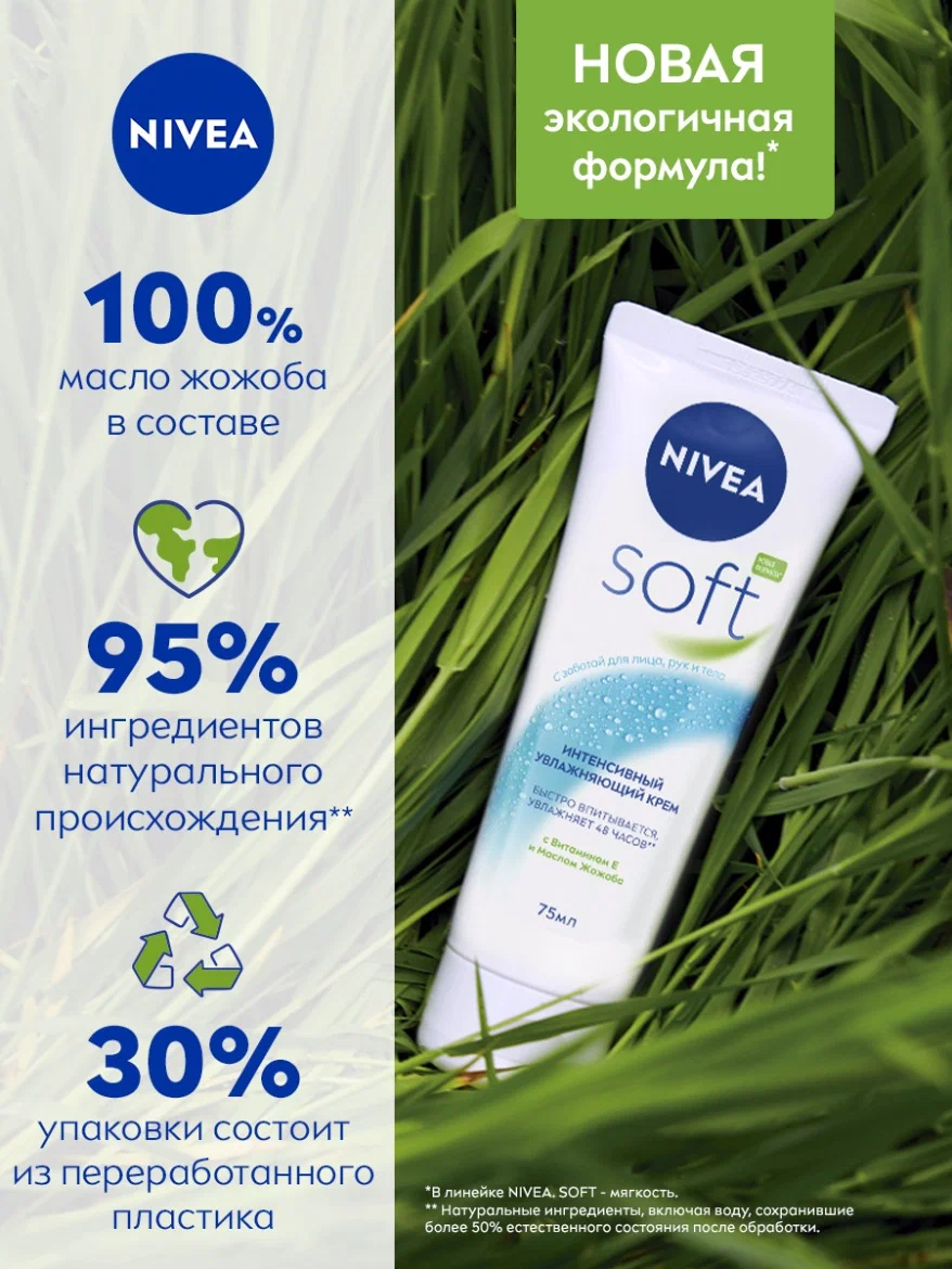 Интенсивный увлажняющий крем NIVEA Soft для лица, рук и тела с маслом жожоба и витамином Е, 75 мл — фото 1
