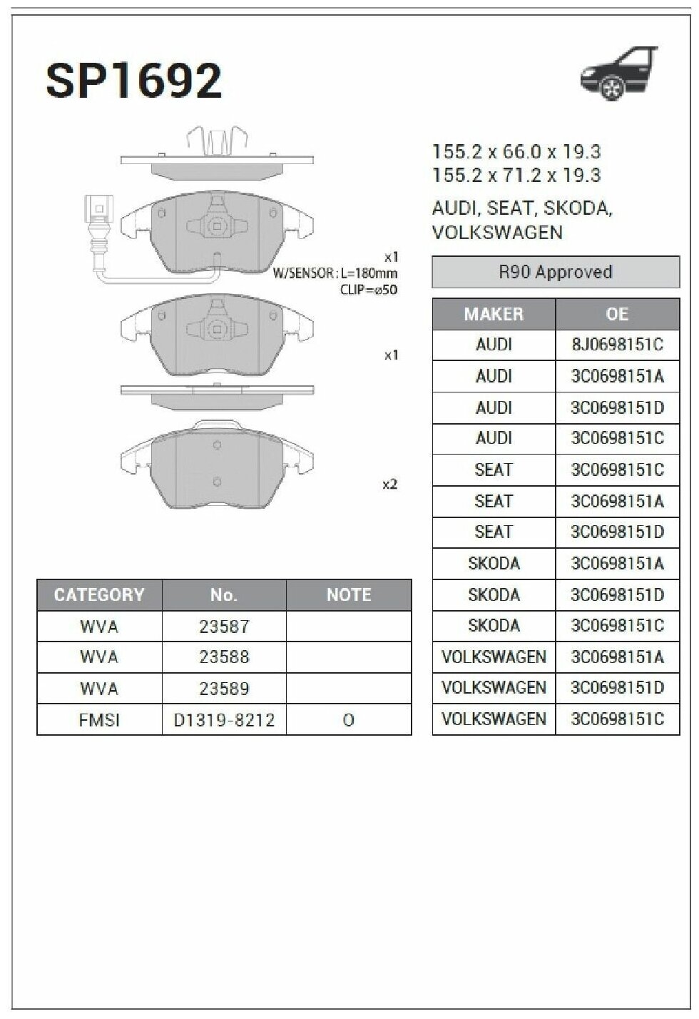 SANGSIN колодки тормозные ПЕР SP1692