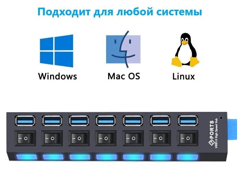 USB Hub разветвитель на 7 USB с выключателями (Черный)