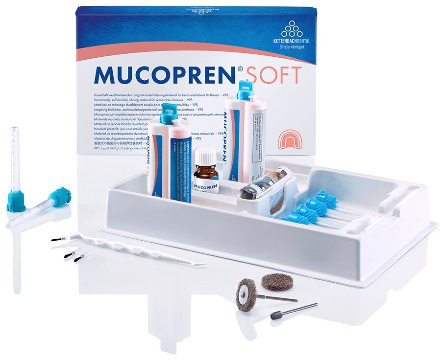 Mucopren Soft (Basic Set) - материал для перебазировки протезов: 50 мл Mucopren Soft, 50 мл силикон-герметик, 10 мл адгезив, аксессуары