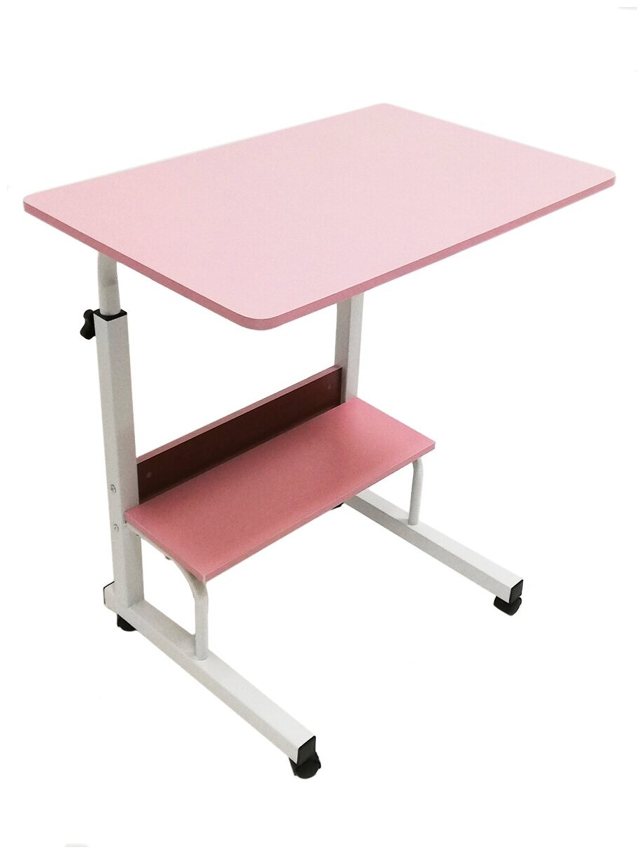 Столик для ноутбука 40х60, с полкой, на колесиках, с регулировкой высоты от 68 до 91 см, розовый