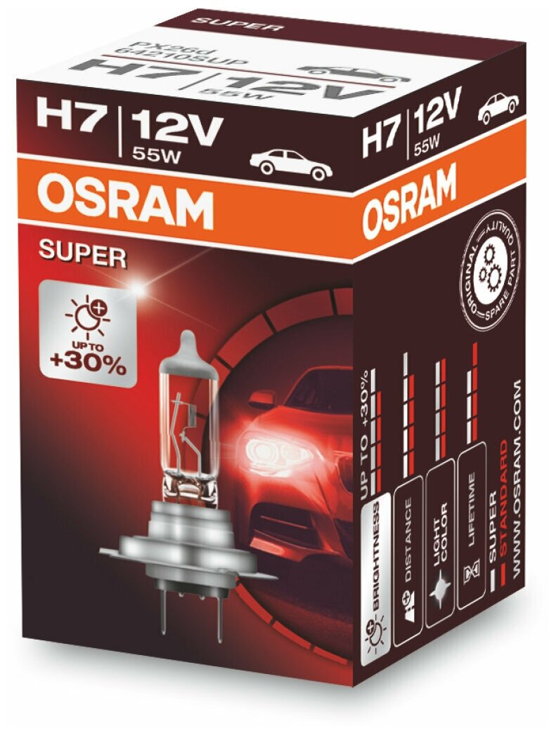 Лампа автомобильная галогенная H7 OSRAM Super +30% света 12V 55W 64210SUP 10 шт
