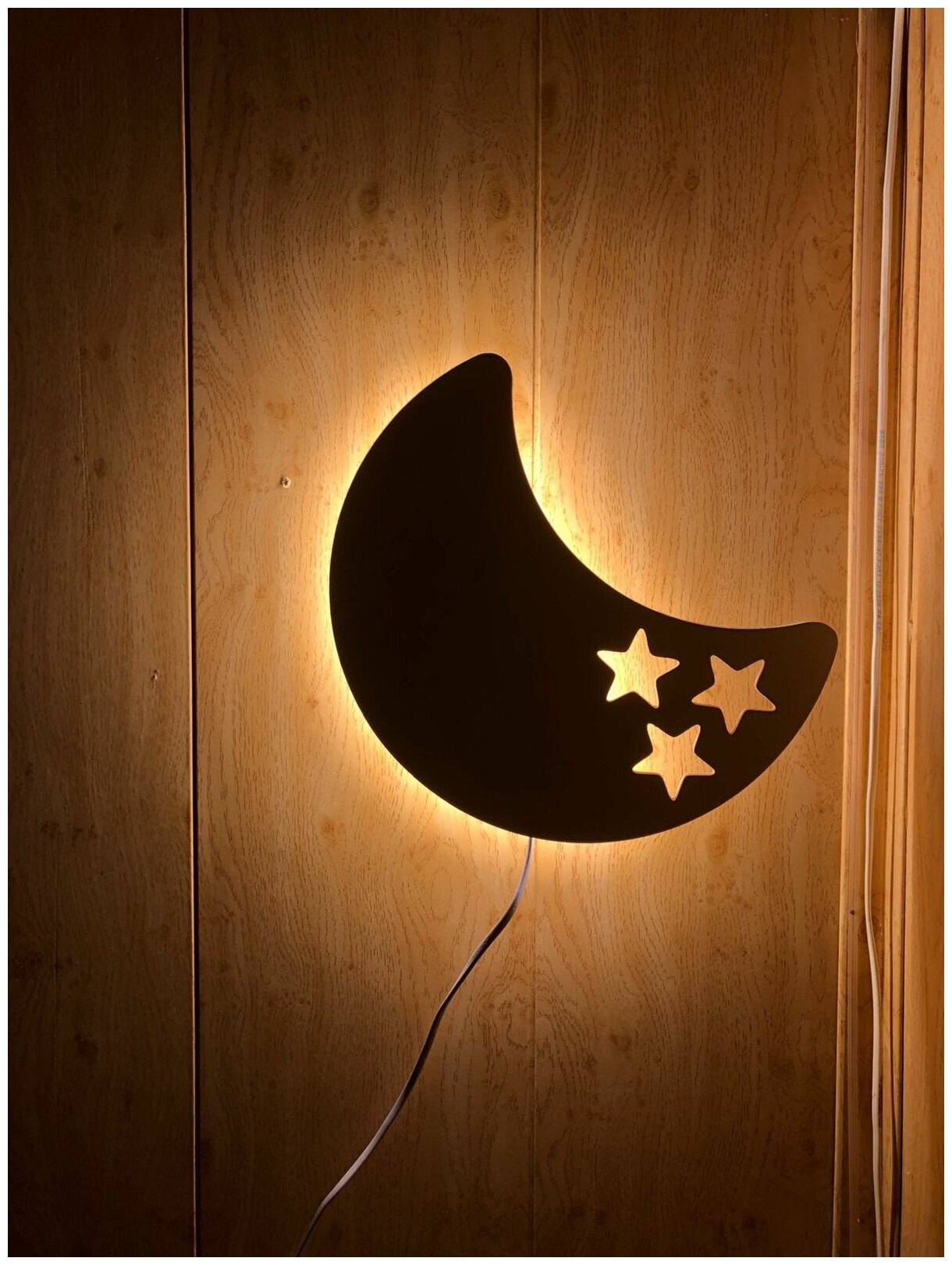 Ночник детский светильник для сна настенный луна со звёздами деревянный светодиодный, питание от сети, 1 шт - фотография № 5