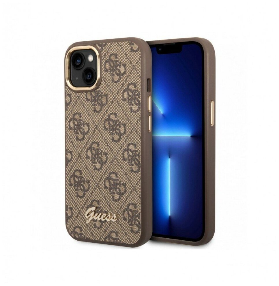 Guess для iPhone 14 Plus чехол PU 4G Script metal logo Hard Brown