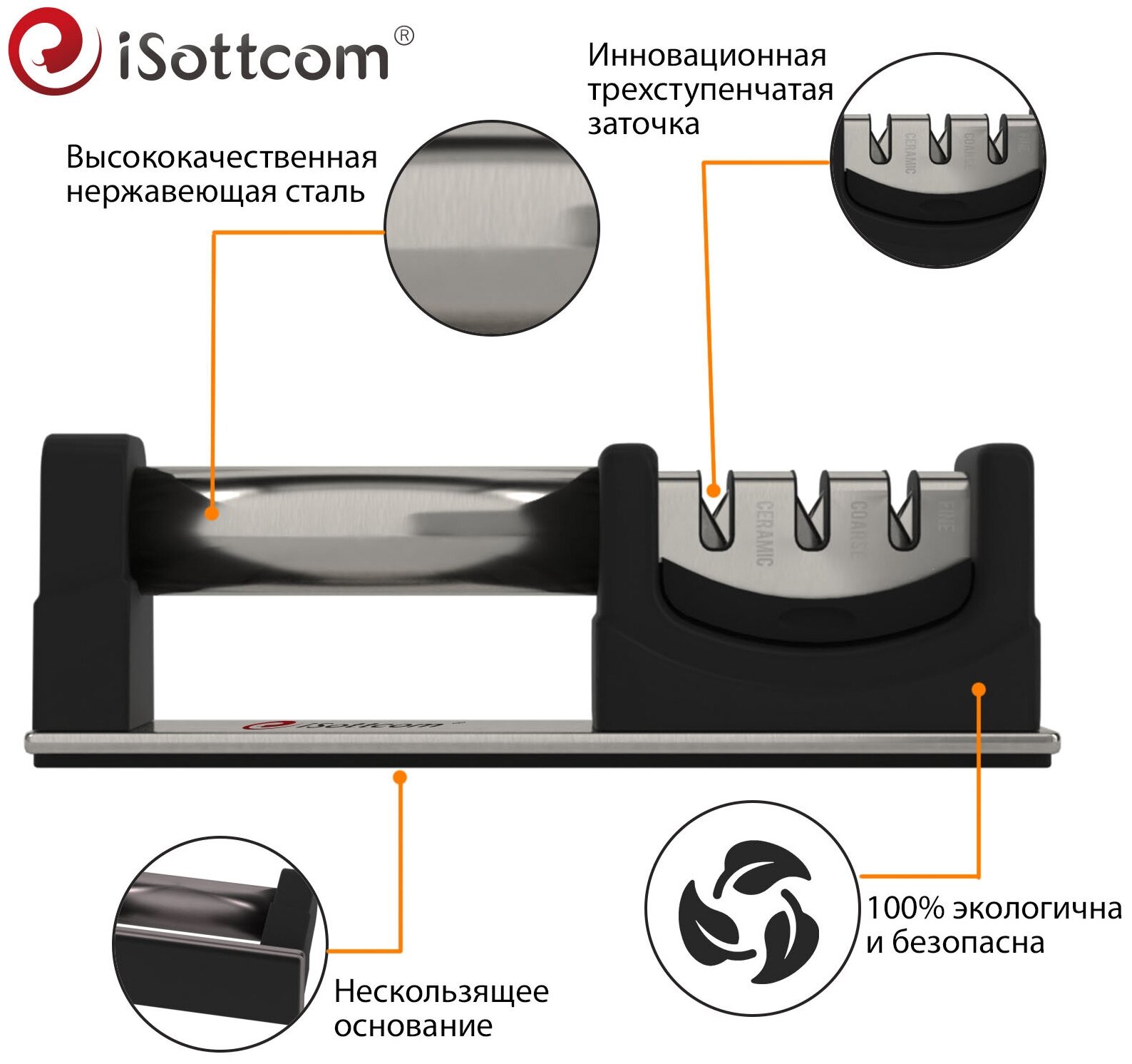 Точилка для ножей (ножеточка) iSottcom, универсальная, ручная, механическая, 3 этапа заточки