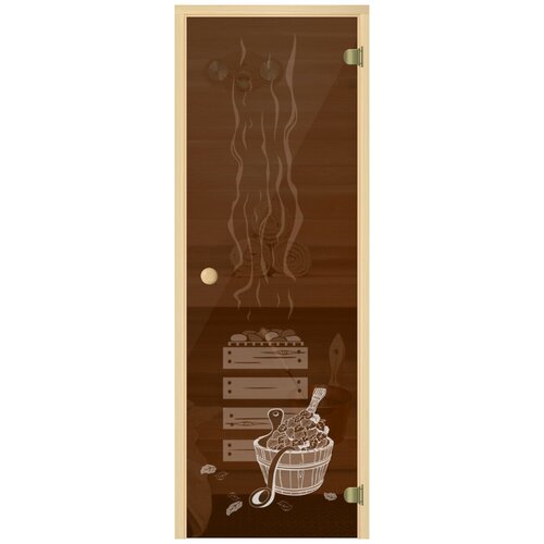 дверь для сауны акма aspen m 7х19 прозрачное бесцветное 8 мм коробка осина Дверь для бани АКМА Light Кноб 7х19 (бронза с рисунком Банька, 6 мм, коробка осина, арт. 310A)