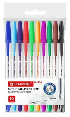 Ручки шариковые BRAUBERG "M-500" набор 10 цветов ассорти узел 0 7 мм линия письма 0 35 мм, 4 шт