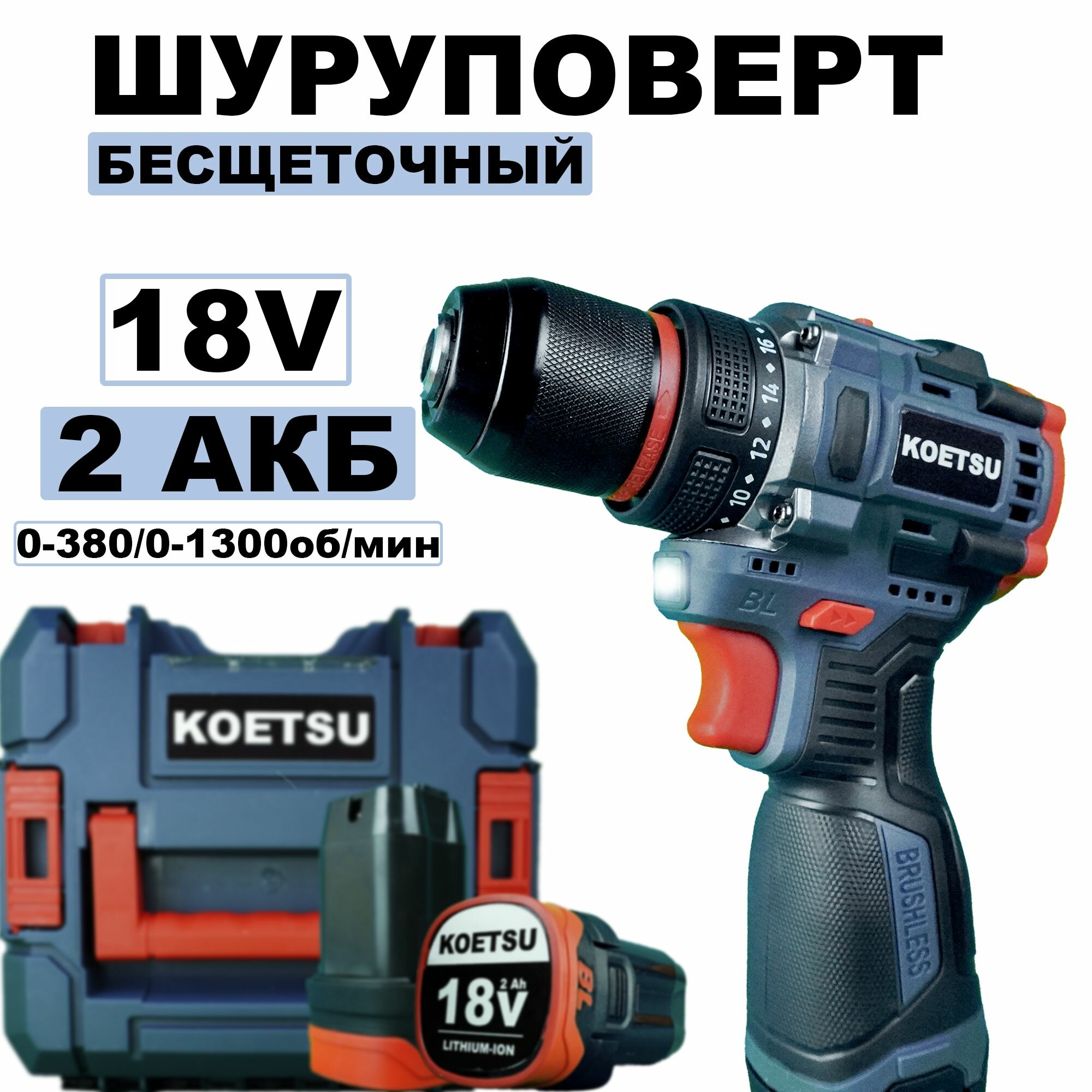 Профессиональная аккумуляторная дрель-шуруповерт бесщеточная 18V, 2 АКБ, 65HM
