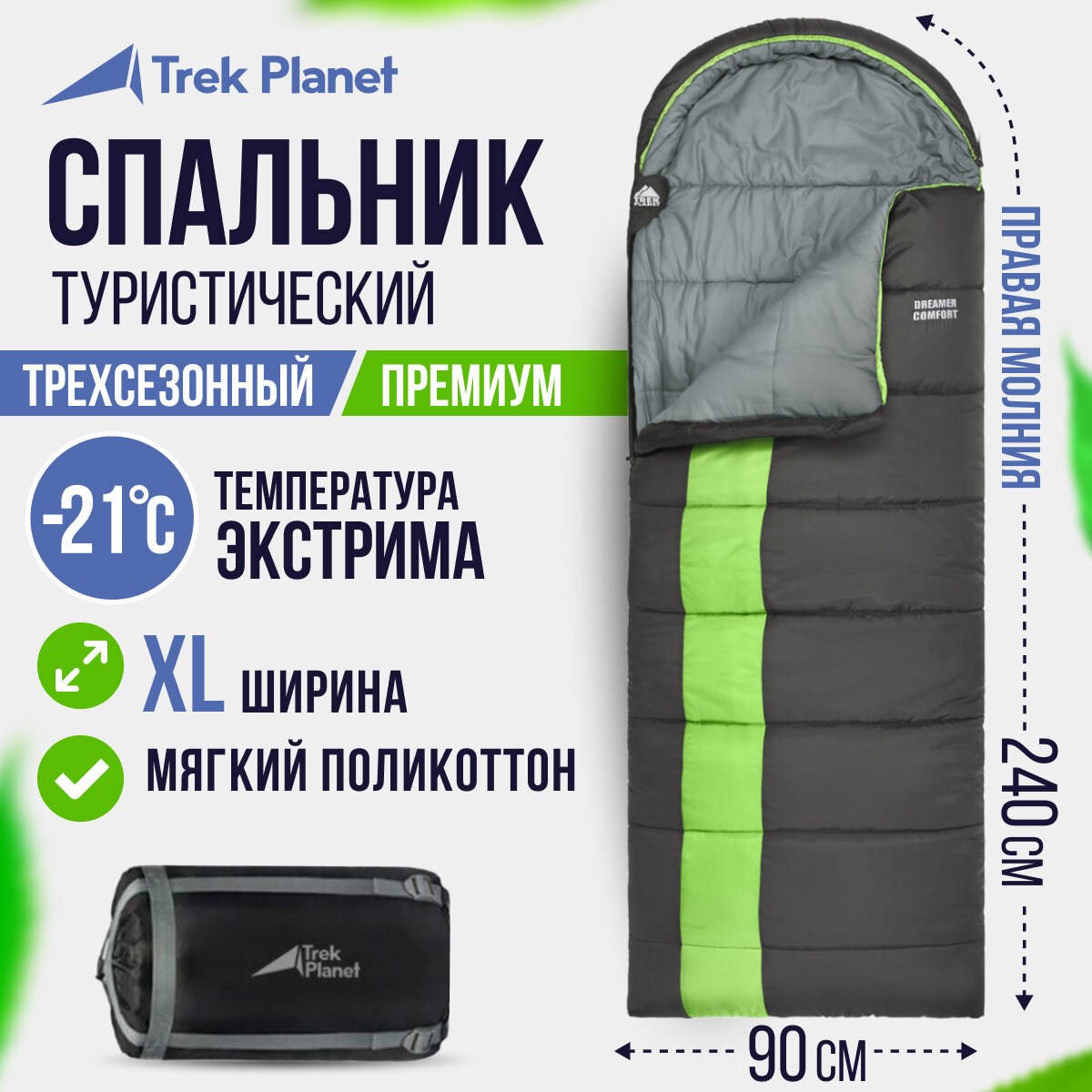 Спальник Trek Planet Dreamer Comfort серый/зеленый правый