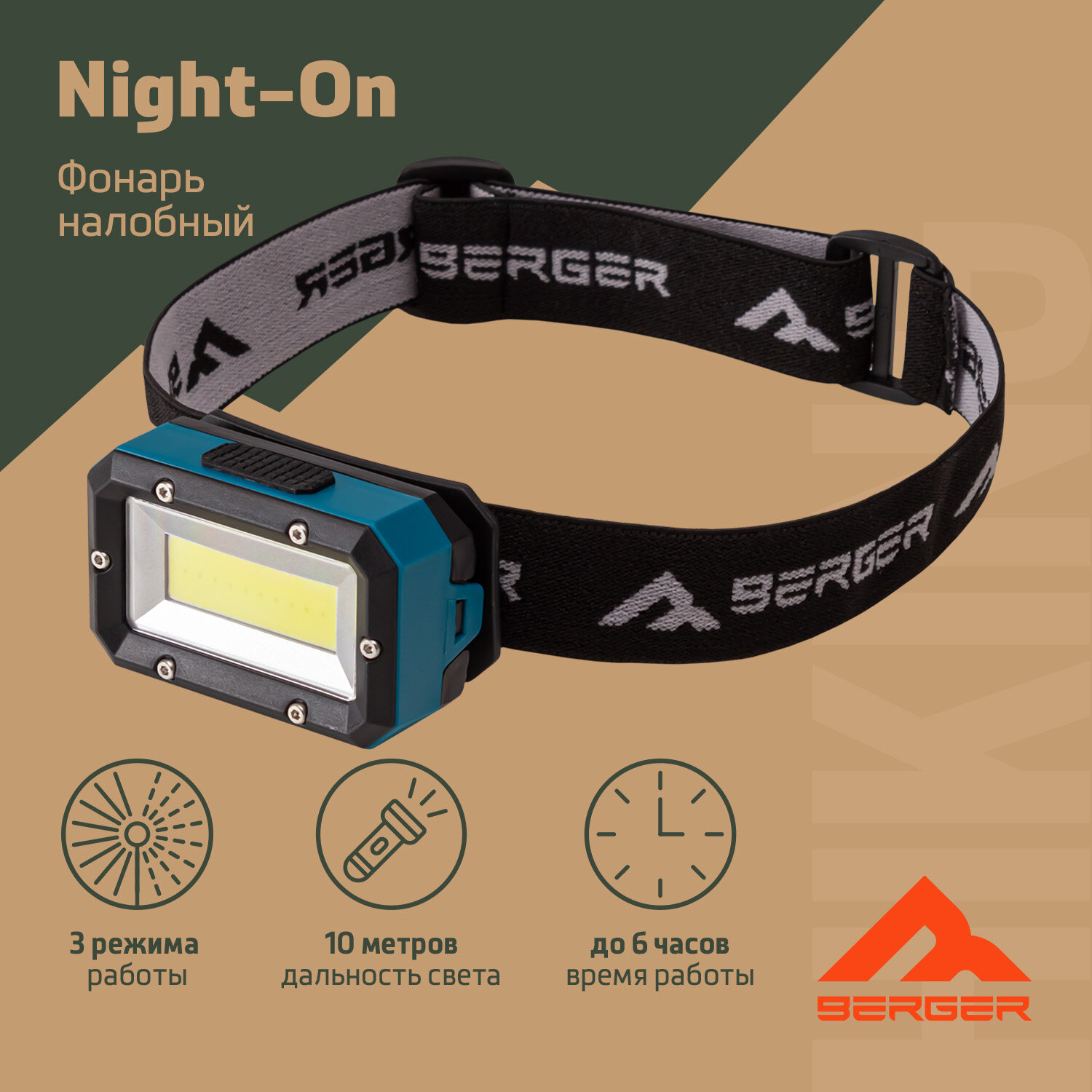 фото Фонарь налобный Berger Hiking Night-On BHNO24FL-01, черный/бирюзовый