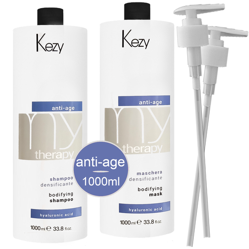 Kezy Anti-Age Hyaluronic Acid 1000: Набор для для глубокого увлажнения волос, придания волосам плотности и густоты (Шампунь Anti-Age Hyaluronic Acid 1000мл + Маска Anti-Age Hyaluronic Acid 1000 мл) шампуни kezy шампунь для придания густоты истонченным волосам my therapy anti age