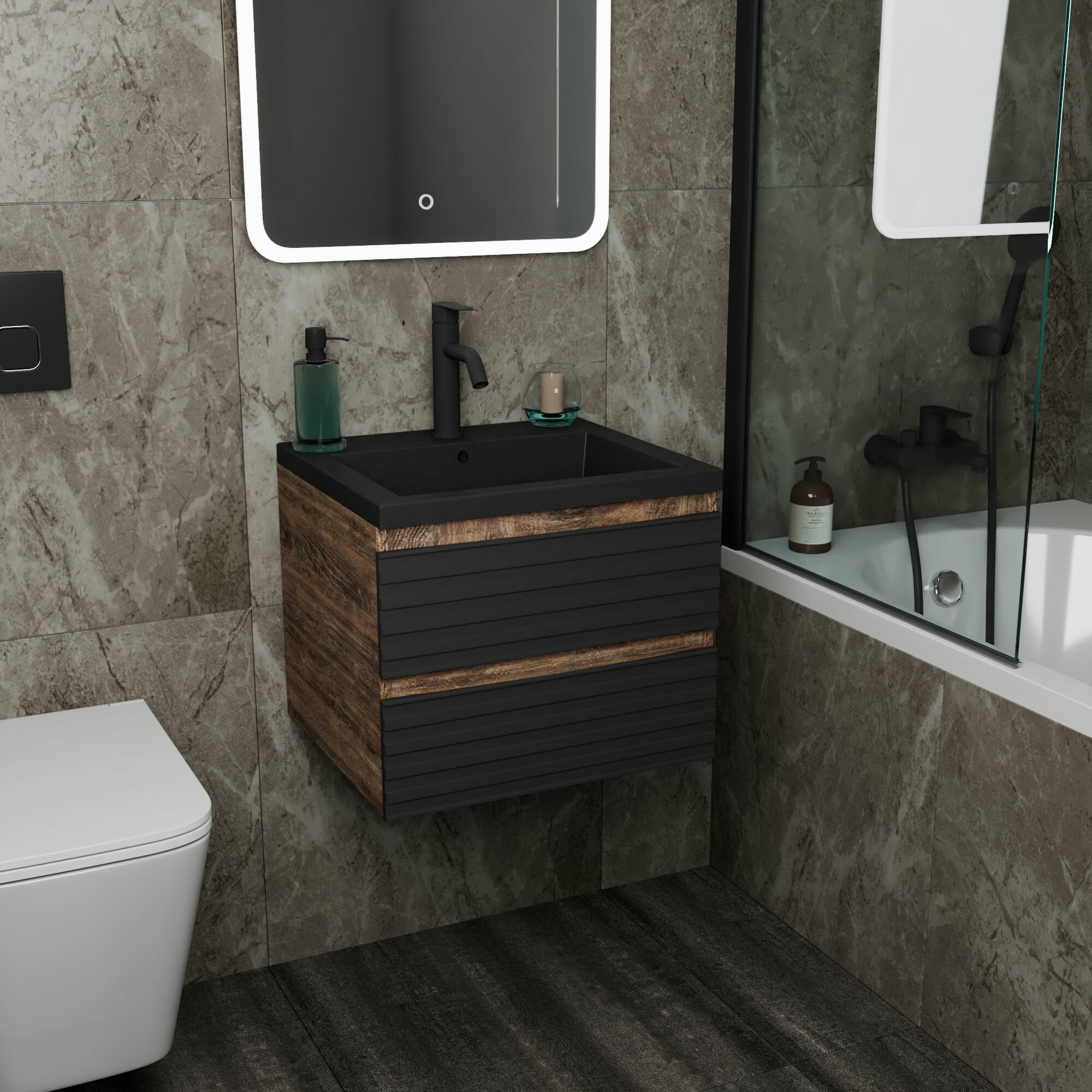 Тумба под раковину Bau Stil Loft black brushed, раковина кварцевая BAU Stil 50, черный металлик, смеситель Dream Black, черный