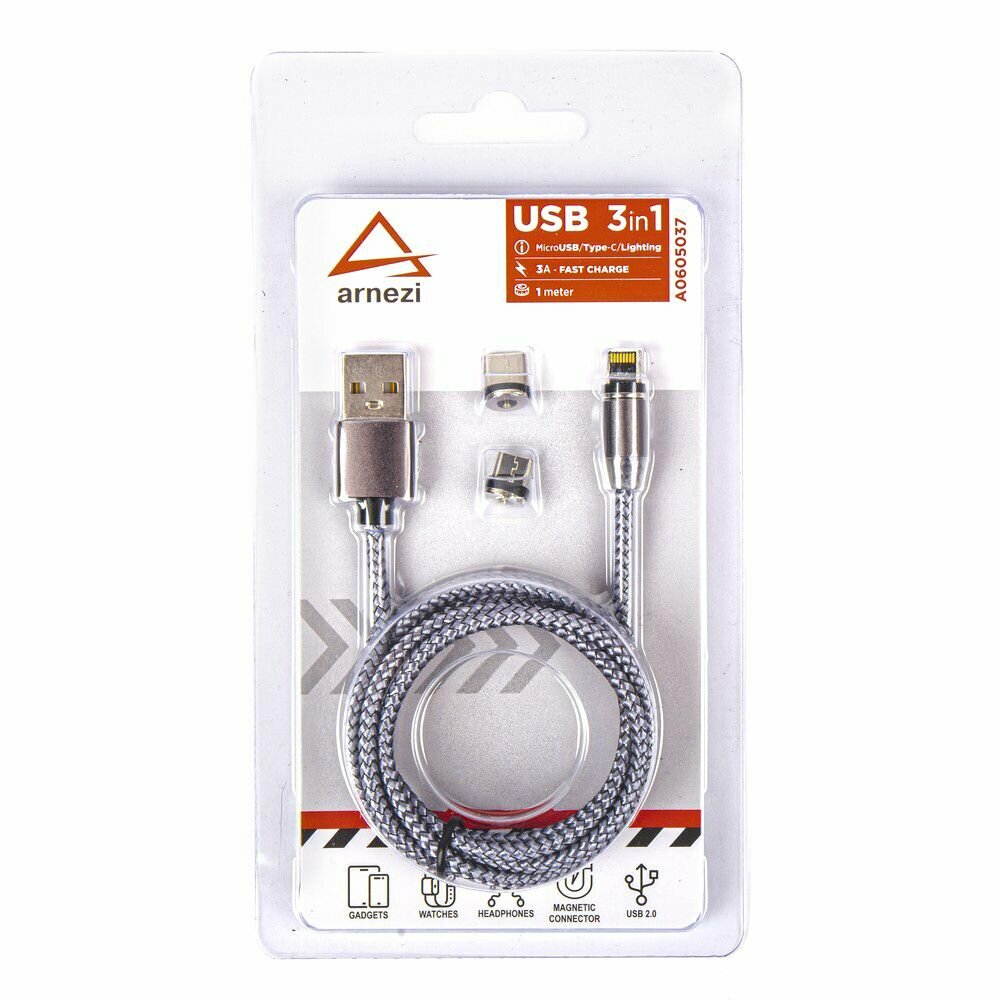 Дата-кабель зарядный 3в1 USB - Micro/Type C/Lightning 1 м 3А магнитный коннектор c подсветкой