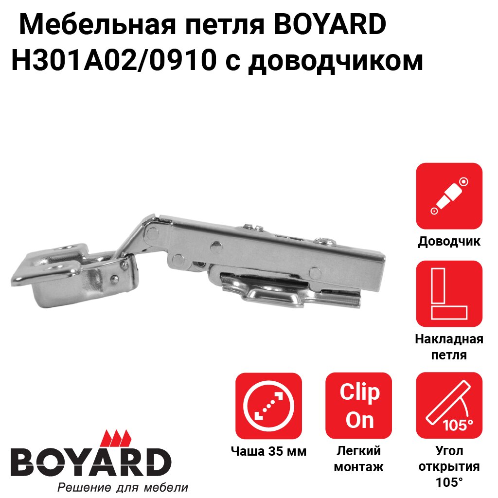 Мебельная петля BOYARD H301 с доводчиком CLIP-ON, угол открывания 105°, диаметр чашки 35 мм — фото 1