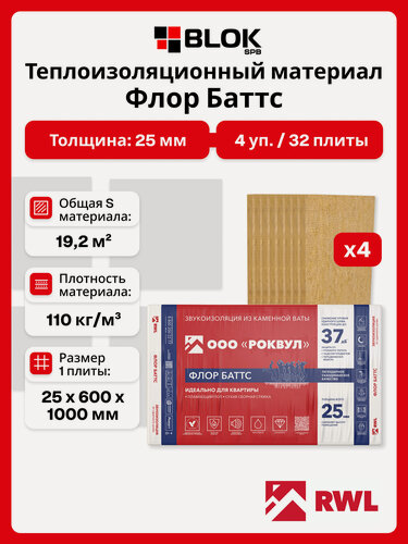 Изображение товара Rockwool Флор Баттс 25 мм (4 уп. / 19,2 м2 / 32 шт.) минеральная вата роквул для пола, фундамента, звукоизоляция
