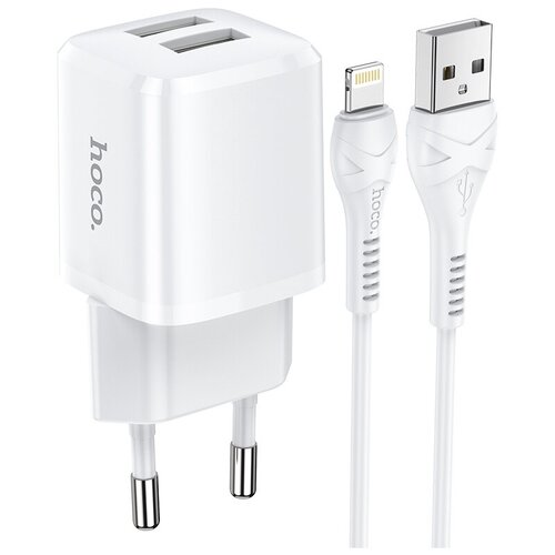 фото Зарядное устройство hoco n8 briar 2*usb + кабель usb-lightning, 2.4a, белый