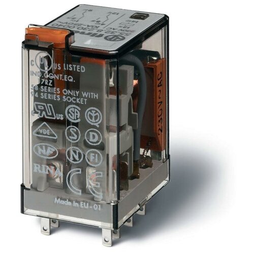 Реле миниатюрное универсальное электромеханическое 2CO 10A контакты AgNi 230В АC RTI кнопка тест + мех.индикатор 553282300040 / 55.32.8.230.0040 Finder