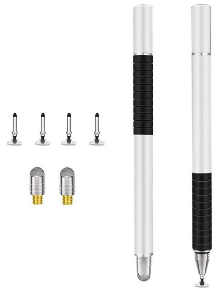 Металлический емкостной сенсорный стилус для мобильных телефонов, ноутбуков, планшетов iPad, со сменными наконечниками - серебристый