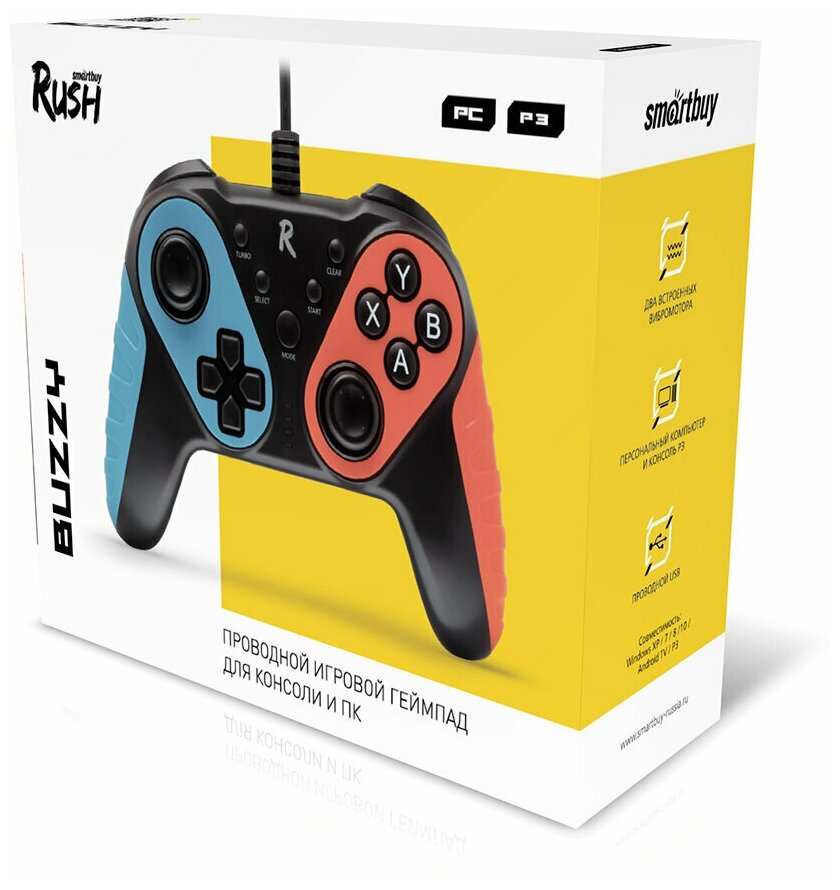 Геймпад игровой проводной SmartBuy Rush Buzzy для консоли PS3 и ПК Вибро черный SBG-200-K20