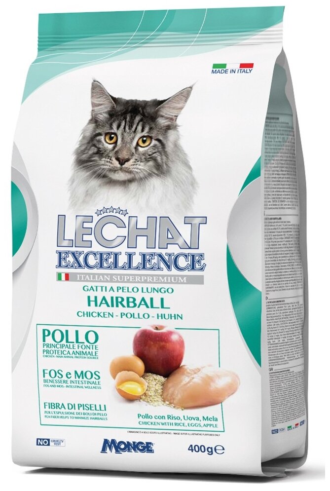 Корм для кошек LECHAT EXCELLENCE Hairball для вывода шерсти, курица, рис, яйца, яблоки сух. 400г