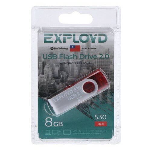 Флешка Exployd 530, 8 Гб, USB2.0, чт до 15 Мб/с, зап до 8 Мб/с, красная флешка exployd 530 4 гб usb2 0 чт до 15 мб с зап до 8 мб с красная