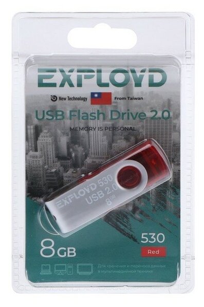 Exployd Флешка Exployd 530, 8 Гб, USB2.0, чт до 15 Мб/с, зап до 8 Мб/с, красная