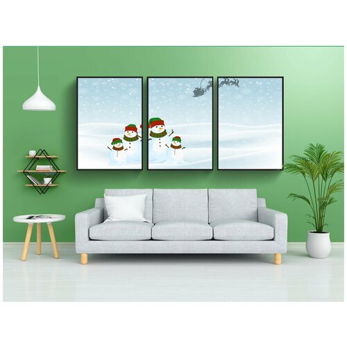 фото Набор модулных постеров для интерьера "дед мороз, снеговик, снег" 60x90 см. в тубусе, без рамки lotsprints