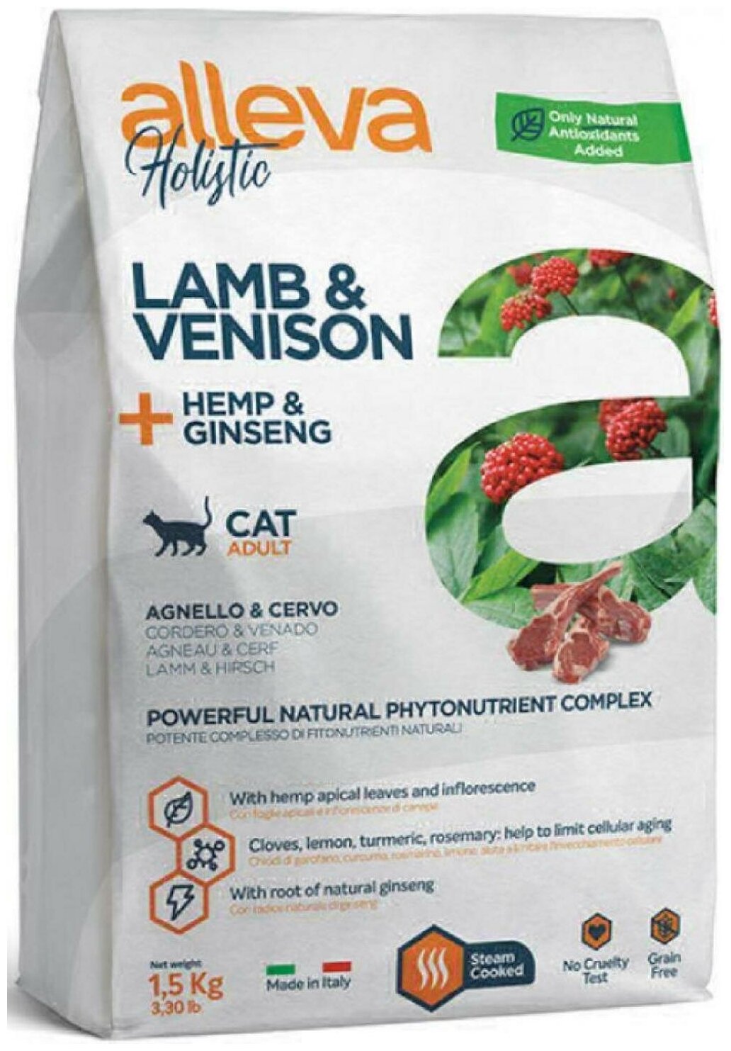 ALLEVA HOLISTIC ADULT CAT LAMB & VENISON беззерновой для взрослых кошек с ягненком, олениной, коноплей и женьшенем (0,4 кг) - фотография № 1