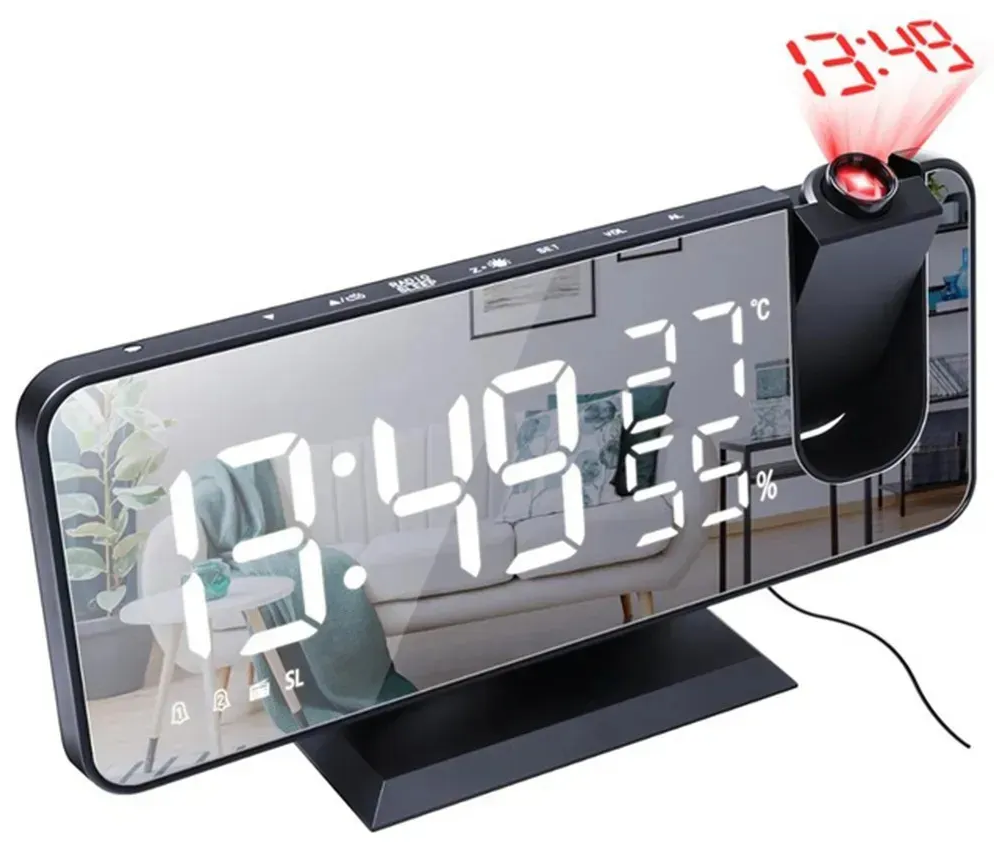 Часы - Будильник с проекцией времени на потолок и стену, термометром и уровнем влажности черные - фотография № 1