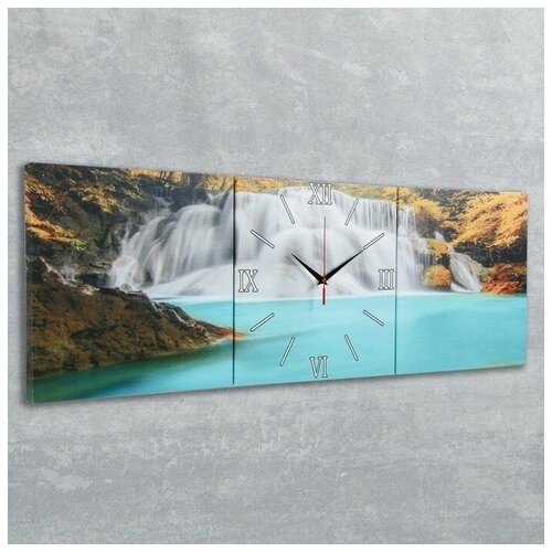 фото Часы-картина настенные прямоугольные "лесной водопад", 35 x 105 см сюжет