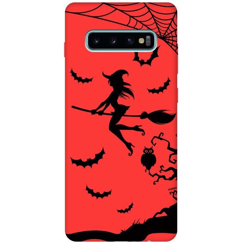 фото Силиконовая чехол-накладка silky touch для samsung galaxy s10+ с принтом "witch on a broomstick" красная gosso