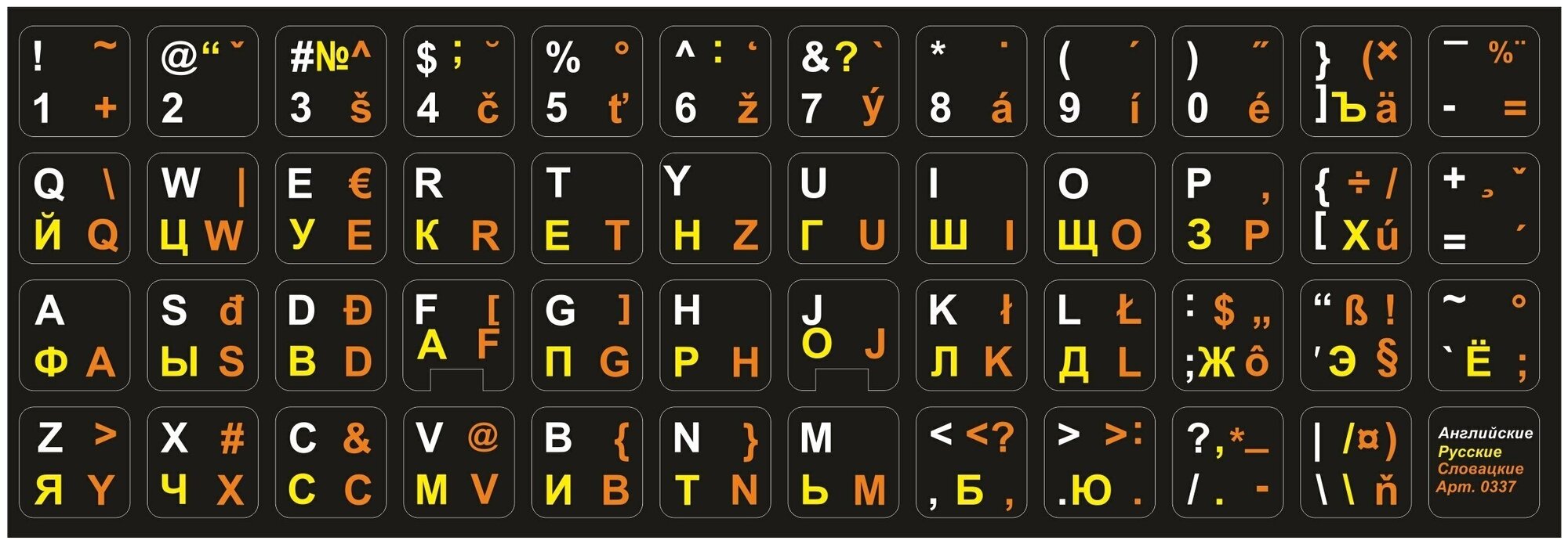 Словацкие, английские, русские буквы на клавиатуру, наклейки букв 15x15 мм.