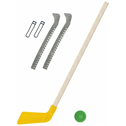 фото Набор зимний: клюшка хоккейная жёлтая 80 см.+шайба + чехлы для коньков серые, задира-плюс