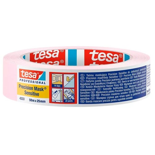 Лента малярная Tesa для деликатных поверхностей розовая 25 мм 50 м (14 дней)