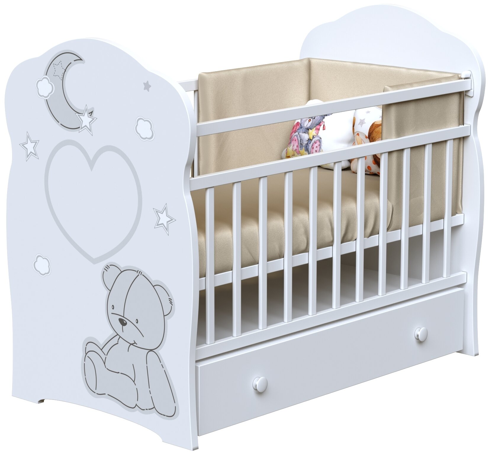 Кроватка детская для новорожденных ВДК BEAR AND MOON с маятником и ящиком для белья, ЛДСП, белый
