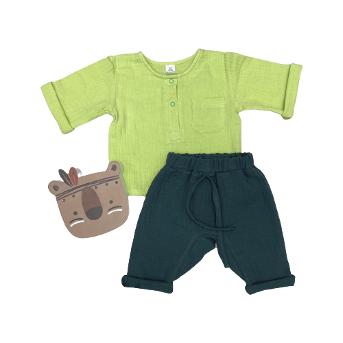 фото Комплект одежды снолики детский, рубашка и брюки, повседневный стиль, размер 86, зеленый
