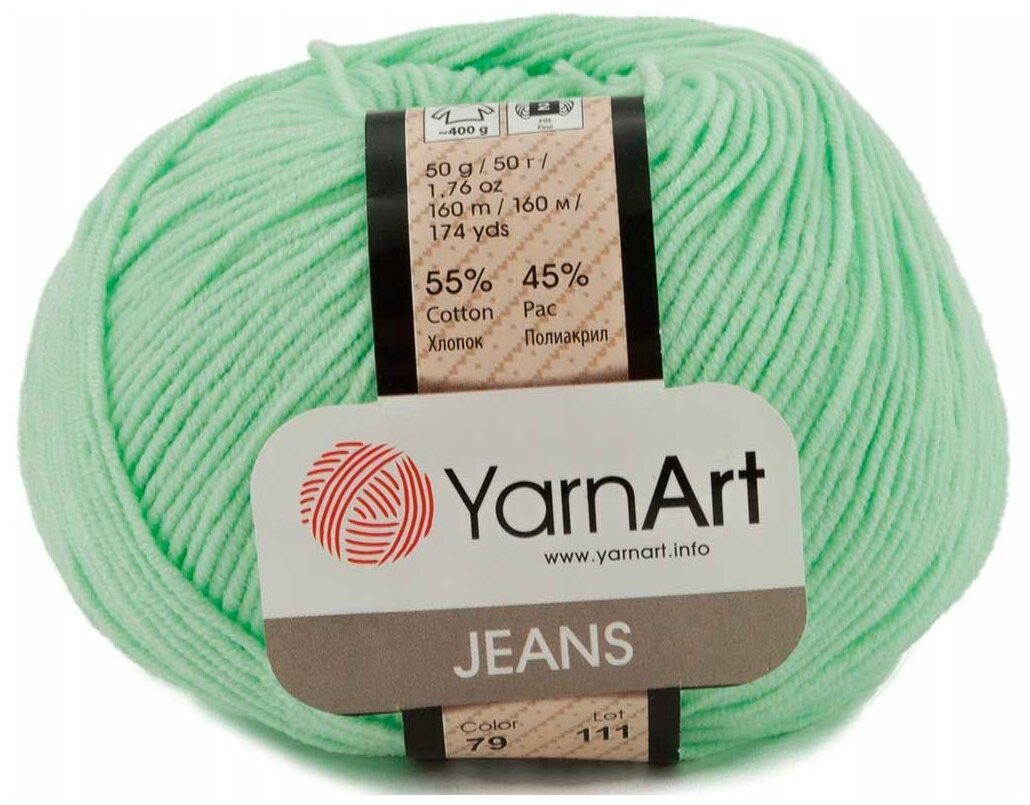 «Пряжа YarnArt Jeans, 55% хлопок, 45% полиакрил, 50гр/160м» мята