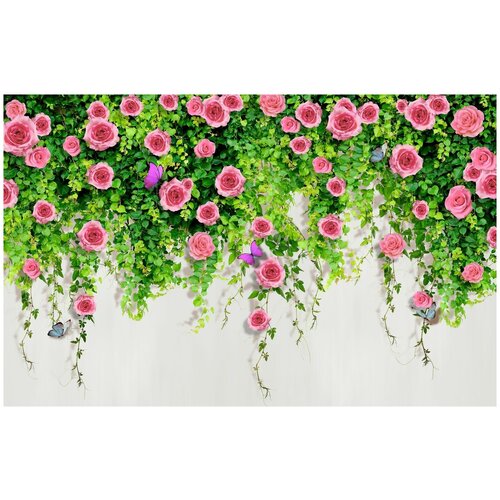 Флизелиновые фотообои Уютная стена Дикая лиана с цветущими розами 540х270 см с текстурой Песок