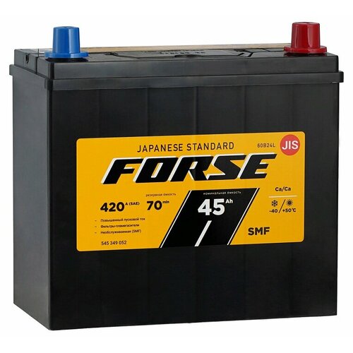 Аккумулятор автомобильный FORSE Asia 60B24L 45 А/ч 420 А обр. пол. тонк. кл. Азия авто (238х129х225)