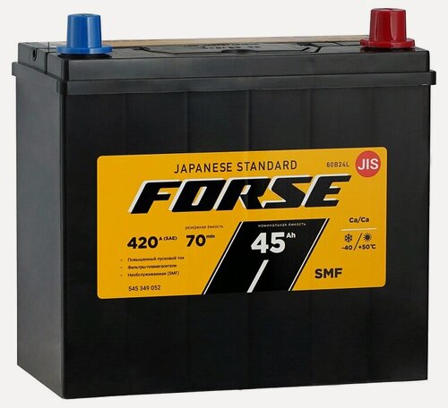 Изображение товара Аккумулятор автомобильный FORSE Asia 60B24L 45 А/ч 420 А обр. пол. тонк. кл. Азия авто (238х129х225)