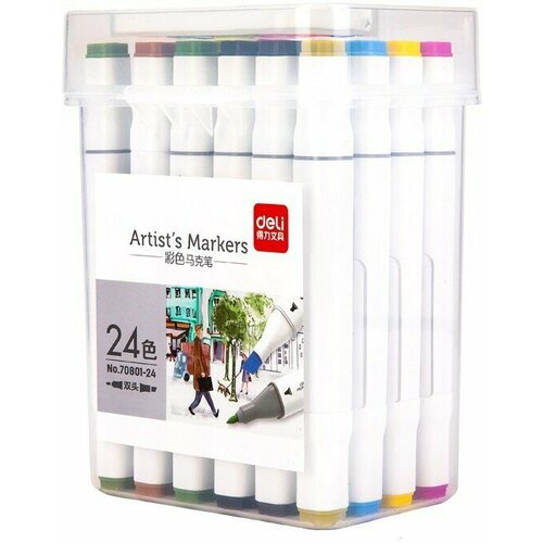 Набор маркеров для скетчинга Deli 70801-24 двойной пиш. наконечник 1-7мм 24цв. пластиковая коробка