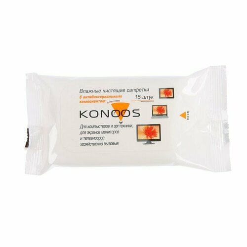 Салфетки для очистки техники Konoos KSN-15, влажные, для экранов, уп, 15 шт (комплект из 16 шт) салфетки konoos для жк экранов в мягкой пачке ksn 15