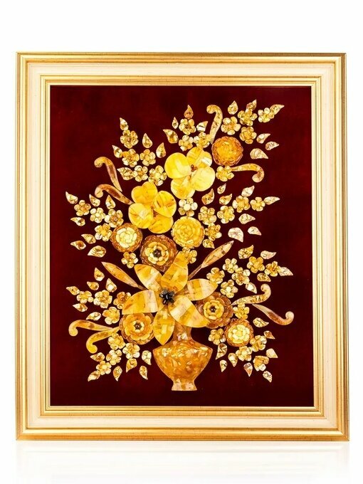 Красивая картина из натурального янтаря на вишнёвом бархате Цветочная фантазия 59 см х 49 см