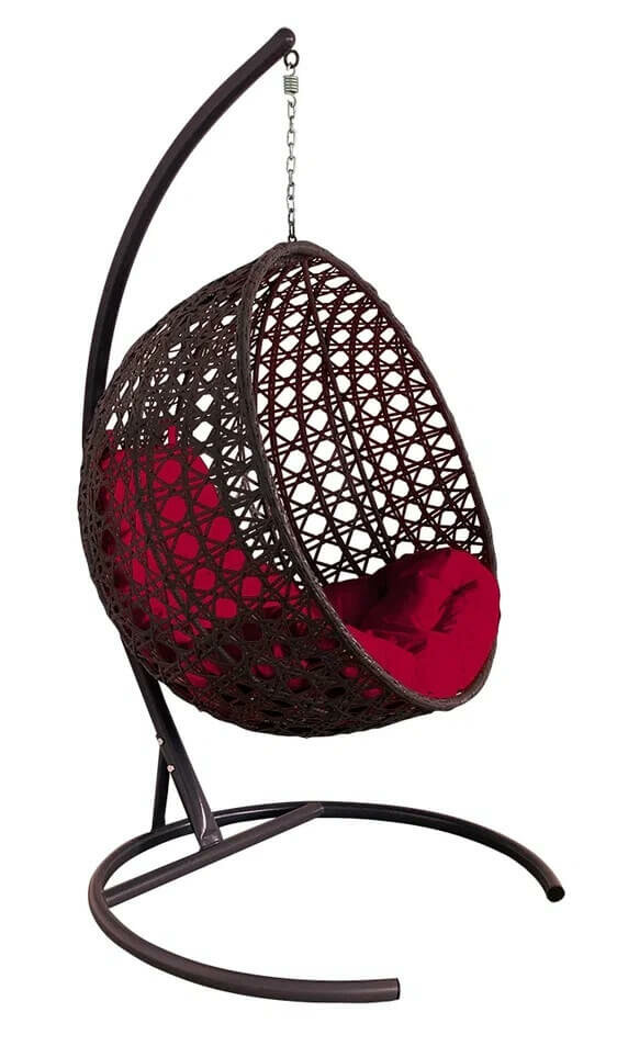 Подвесное кресло из ротанга "круг люкс" с ротангом коричневое, бордовая подушка
