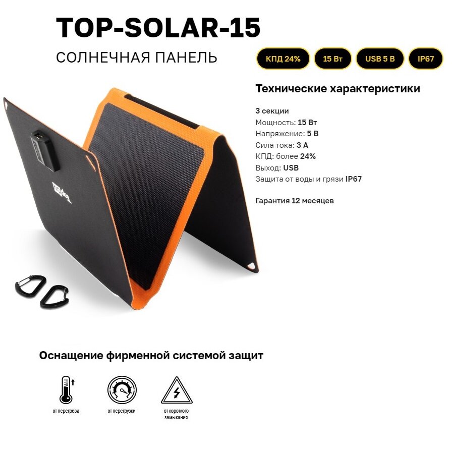 Солнечная батарея TOP-SOLAR-15 15W USB 5V 3A, влагозащищенная IP67, складная на 3 секции