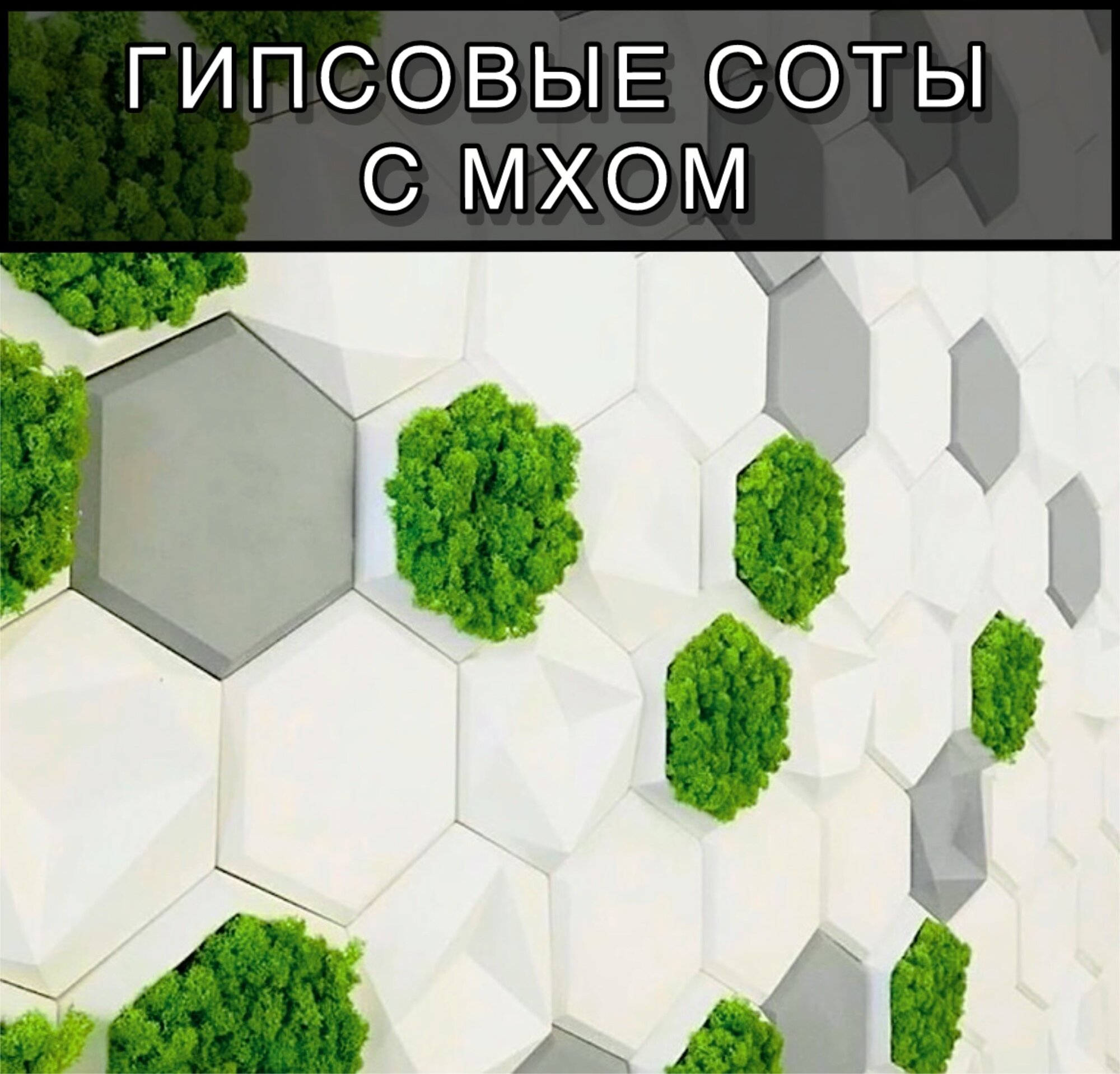 Соты с мхом, 3д панели для стен 23,5х20,5см 12шт, украшение настенное интерьерное, панно, белый матовый