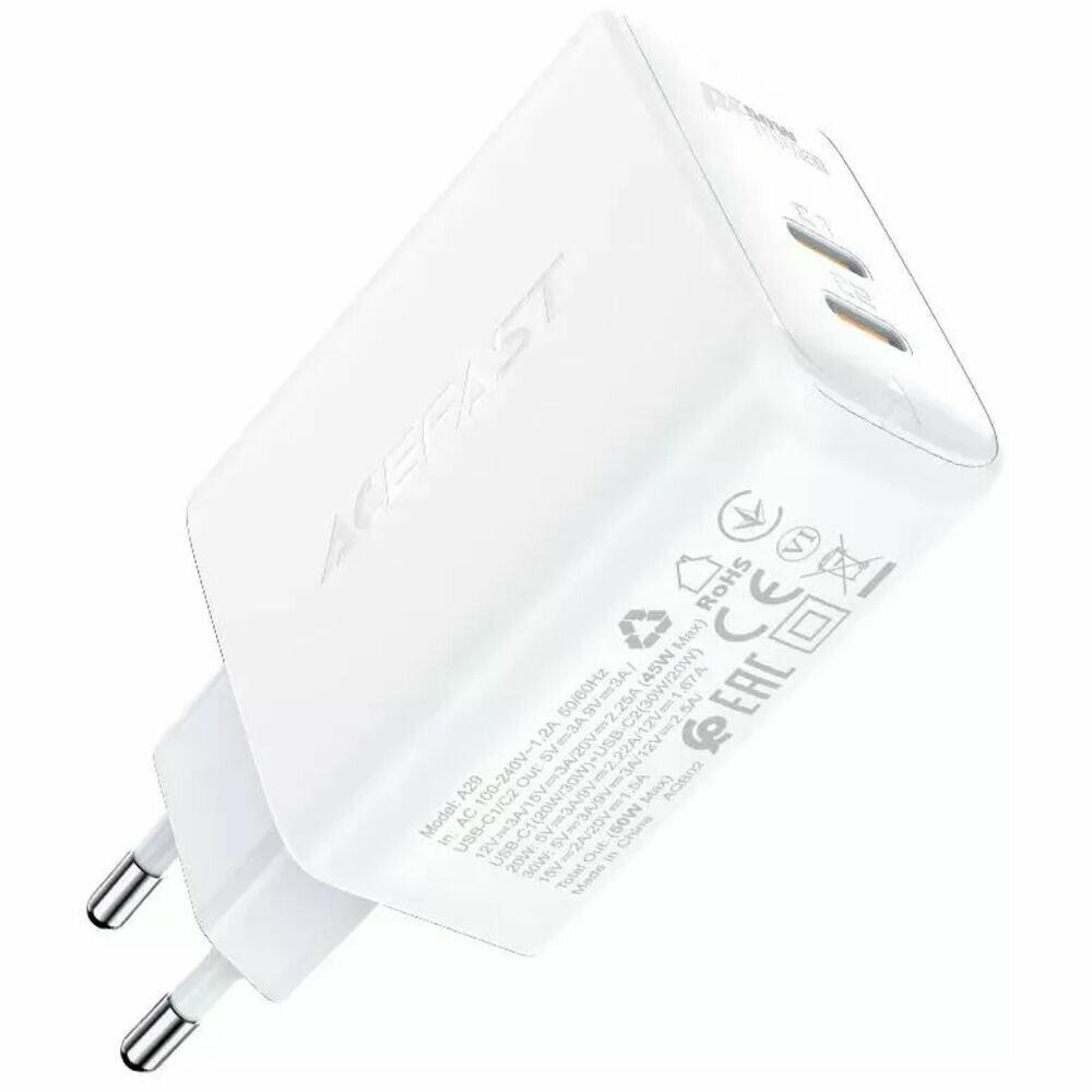 Зарядное устройство сетевое ACEFAST PD50W GaN USB-C+USB-C dual port charger (EU). Цвет: белый - фото №12