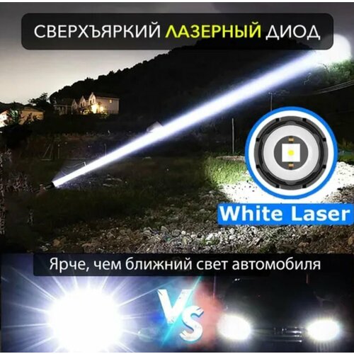 Фонарь PM-30/светильник мощный ручной аккумуляторный/Лазерный диод/Черный/Два аккумулятора в комплекте