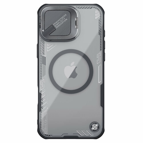 фото Чехол тонированный (transparent black) от nillkin с металлической откидной крышкой и поддержкой магнитной беспроводной зарядки magsafe на iphone 16, серия iceblade prop magnetic case