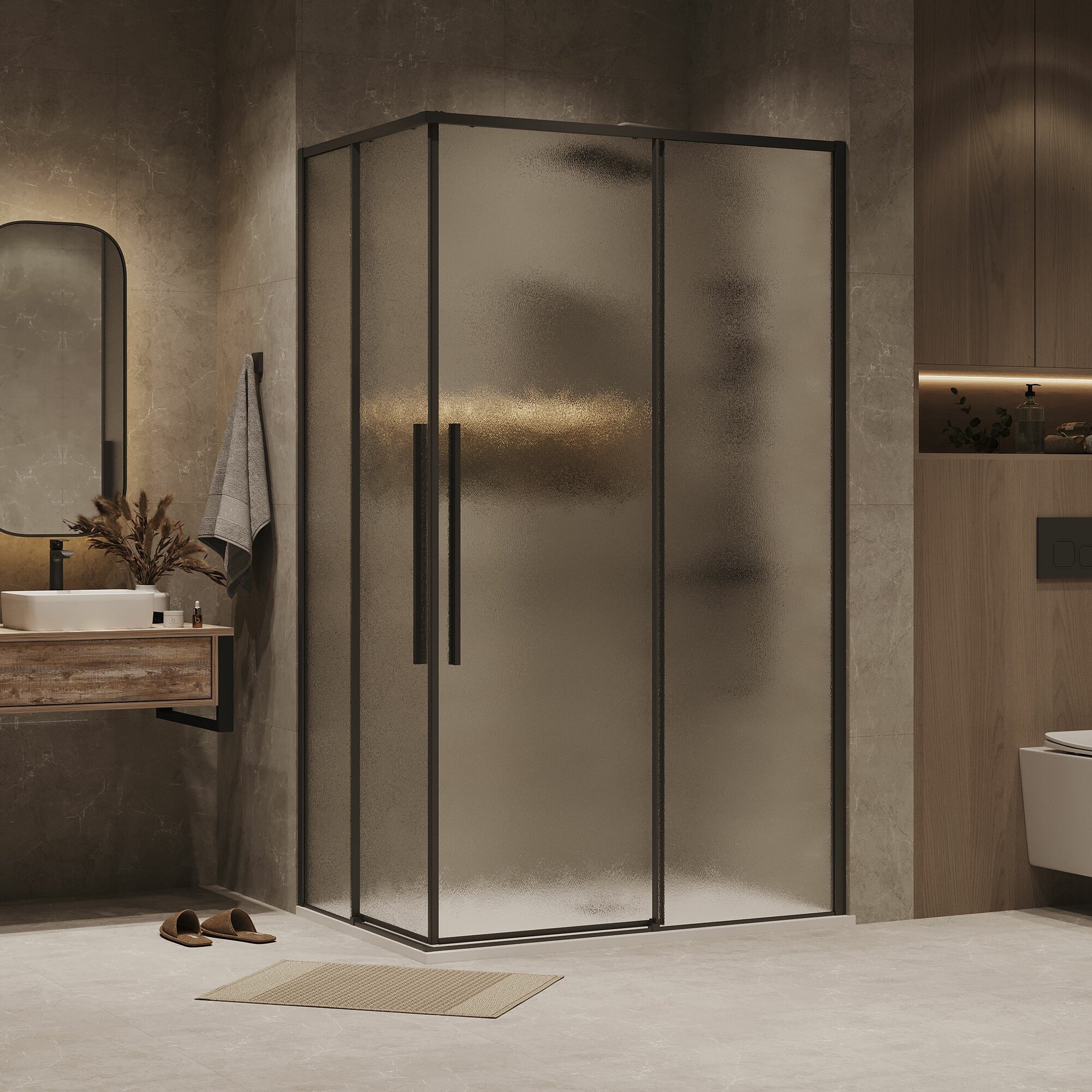 Душевое ограждение Grossman Galaxy 300. K33.01.11R80L.21.02 (110х80х195) раздвижная черный матовый стекло шиншилла2 места